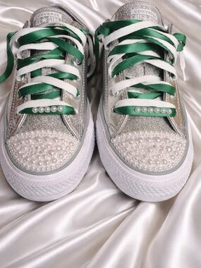 Converse Silver Glitter Low Tops with Pearl Toe and Green Satin Laces